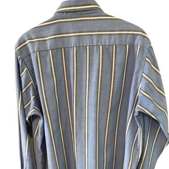 Mergers Button-Down Oxford Shirt: Vintage 80s Blue Gray Cream Striped, Size L - Picture 5 of 8